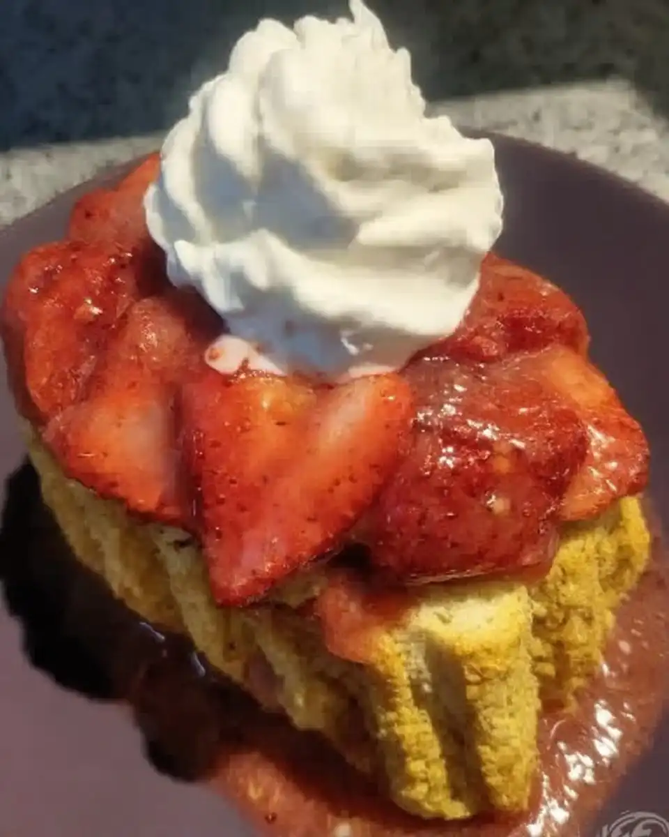 Golden shortcake topped with strawberries and cream