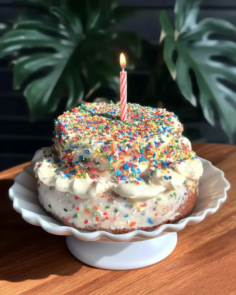 Baby hands smashing into a vanilla cake with sprinkles