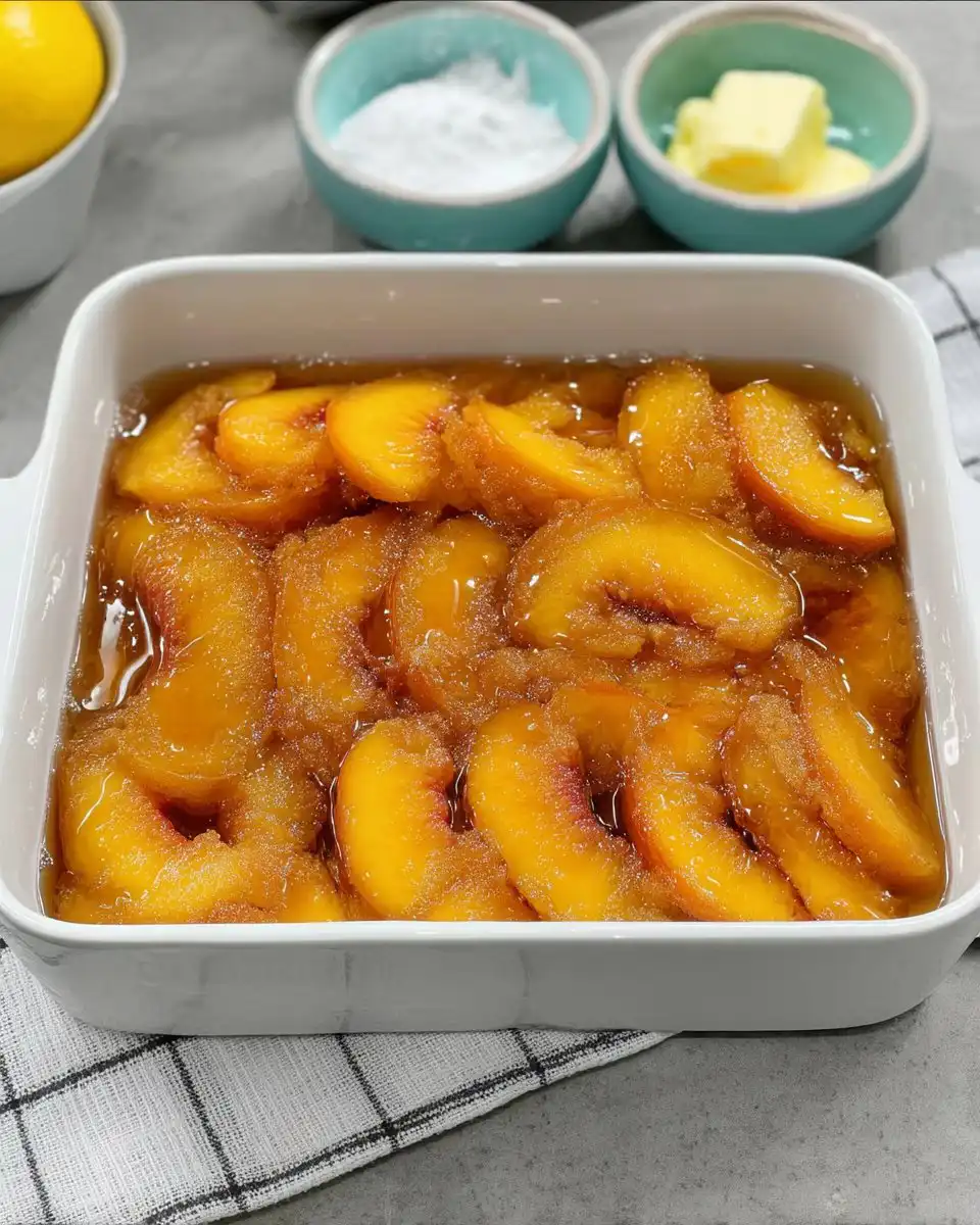 Close up detail of the golden crispy crust on a peach dump cake