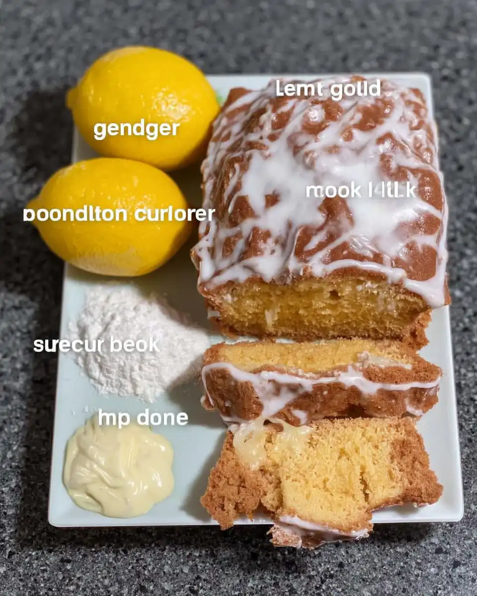 Baking ingredients including flour sugar butter and fresh lemons on a marble counter
