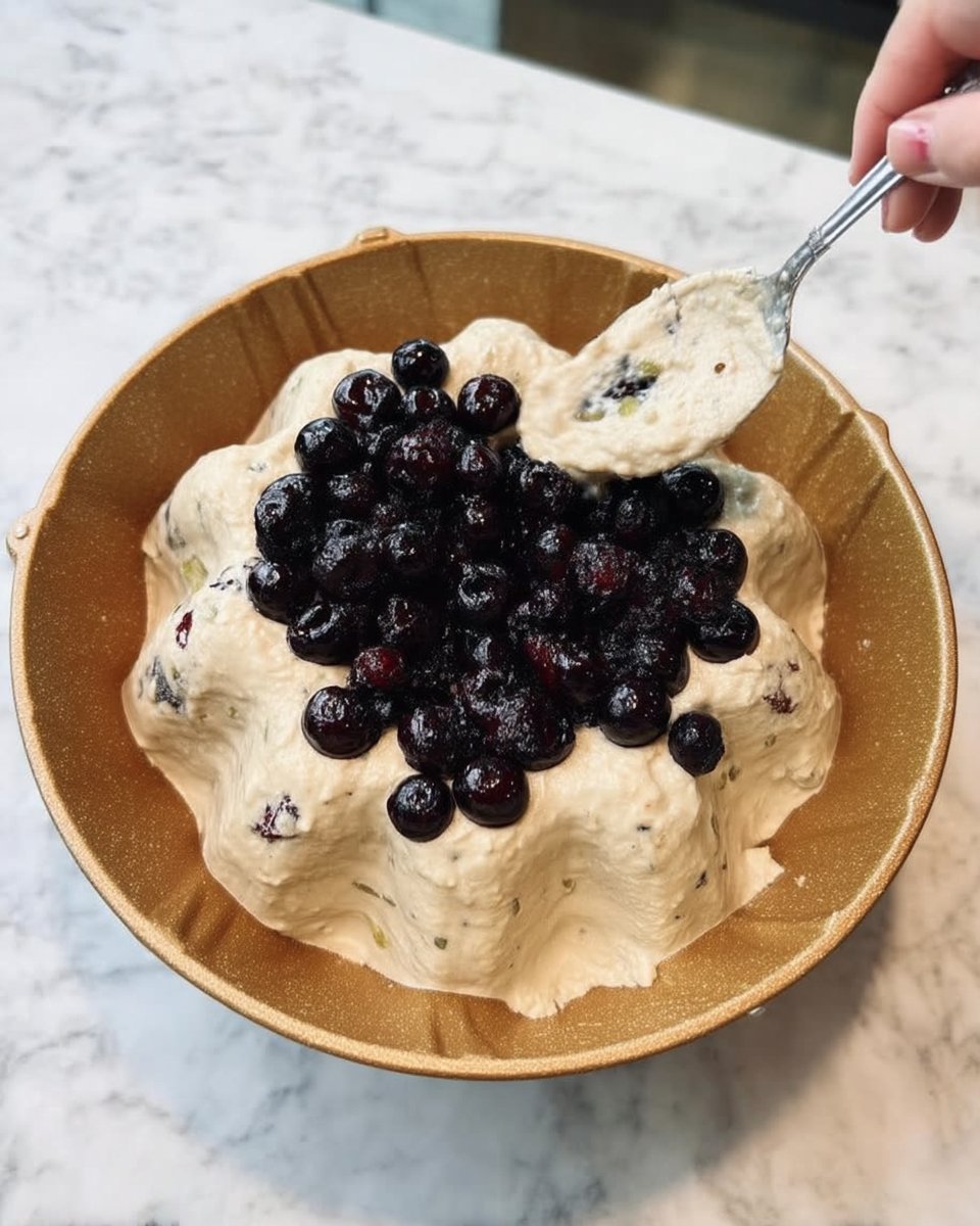 Bowls of flour sugar blueberries and butter on a rustic wooden table