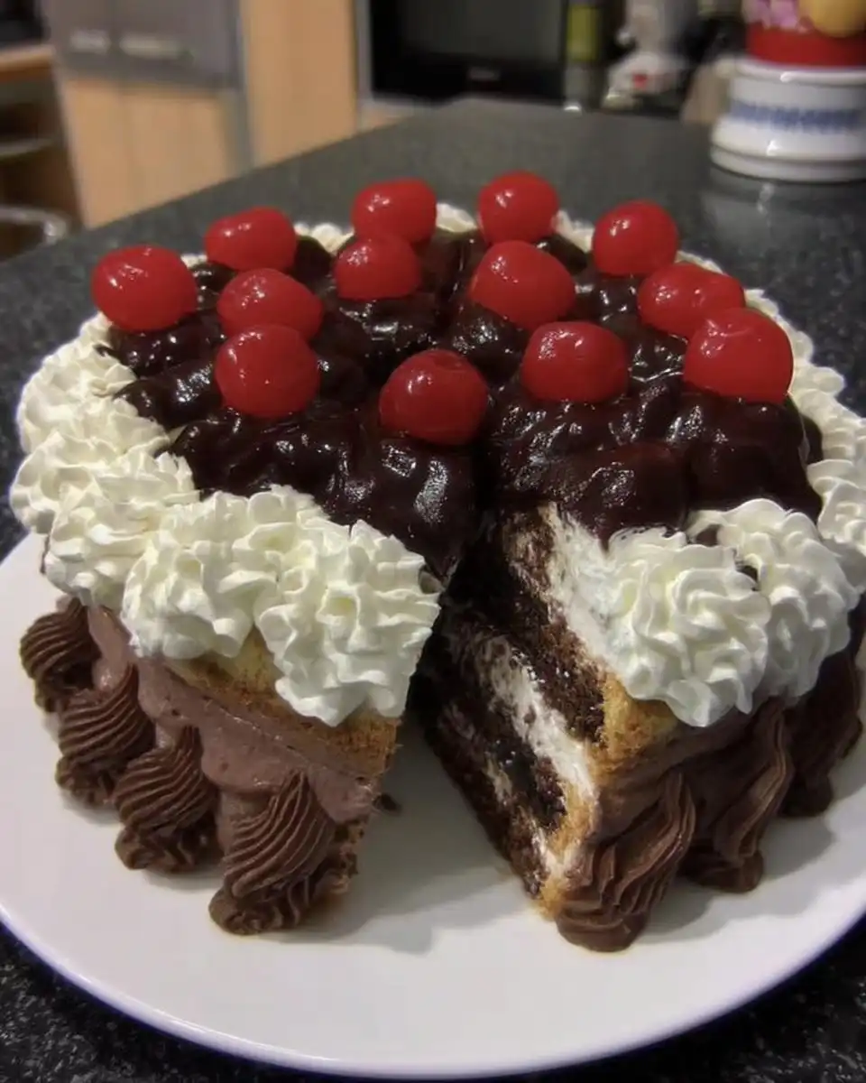 Elegant black forest cake served on a vintage porcelain plate