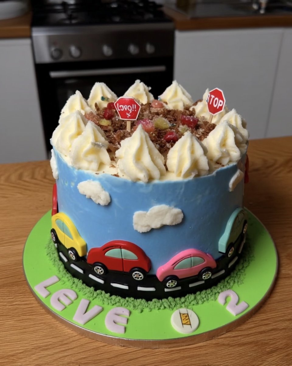 Vintage style boy cake with blue frosting and fondant cars on a cake stand