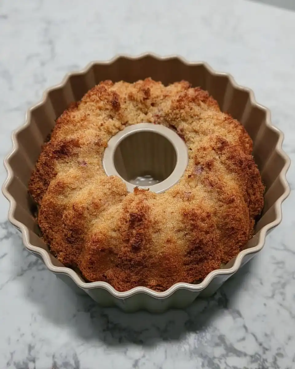 Vintage bundt pan being dusted with flour for baking