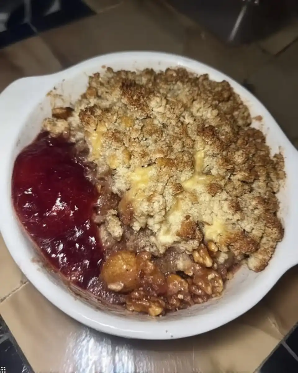 Unbaked dump cake with butter slices and walnuts on top