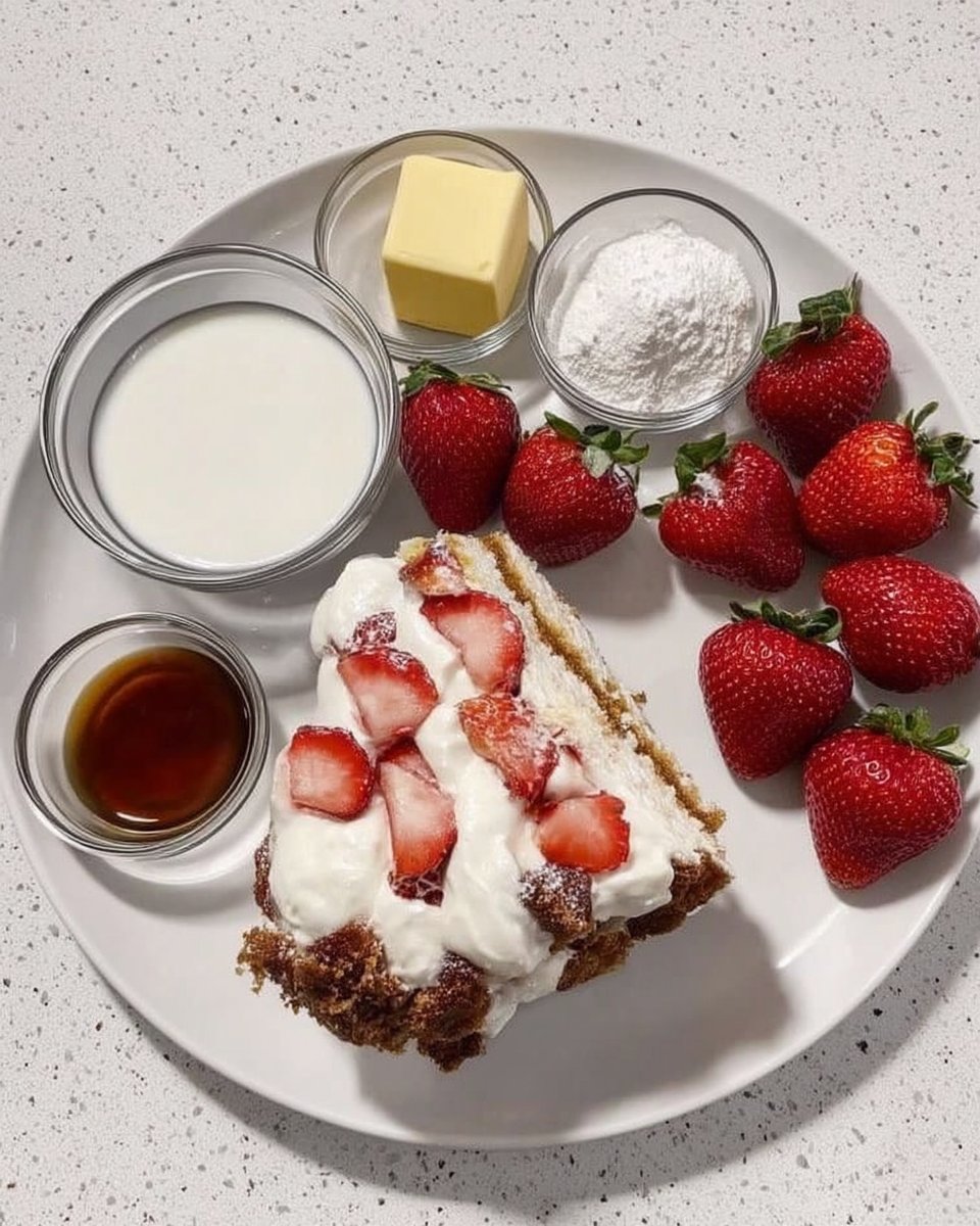 Strawberry cake mix box and cans of evaporated and condensed milk arranged on a kitchen counter