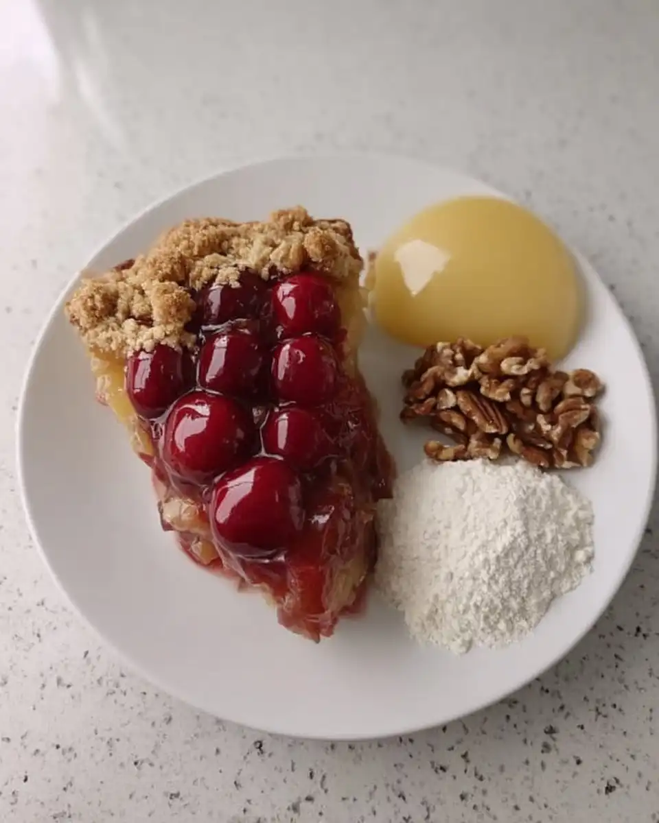 Ingredients for dump cake including cherry pie filling yellow cake mix and butter