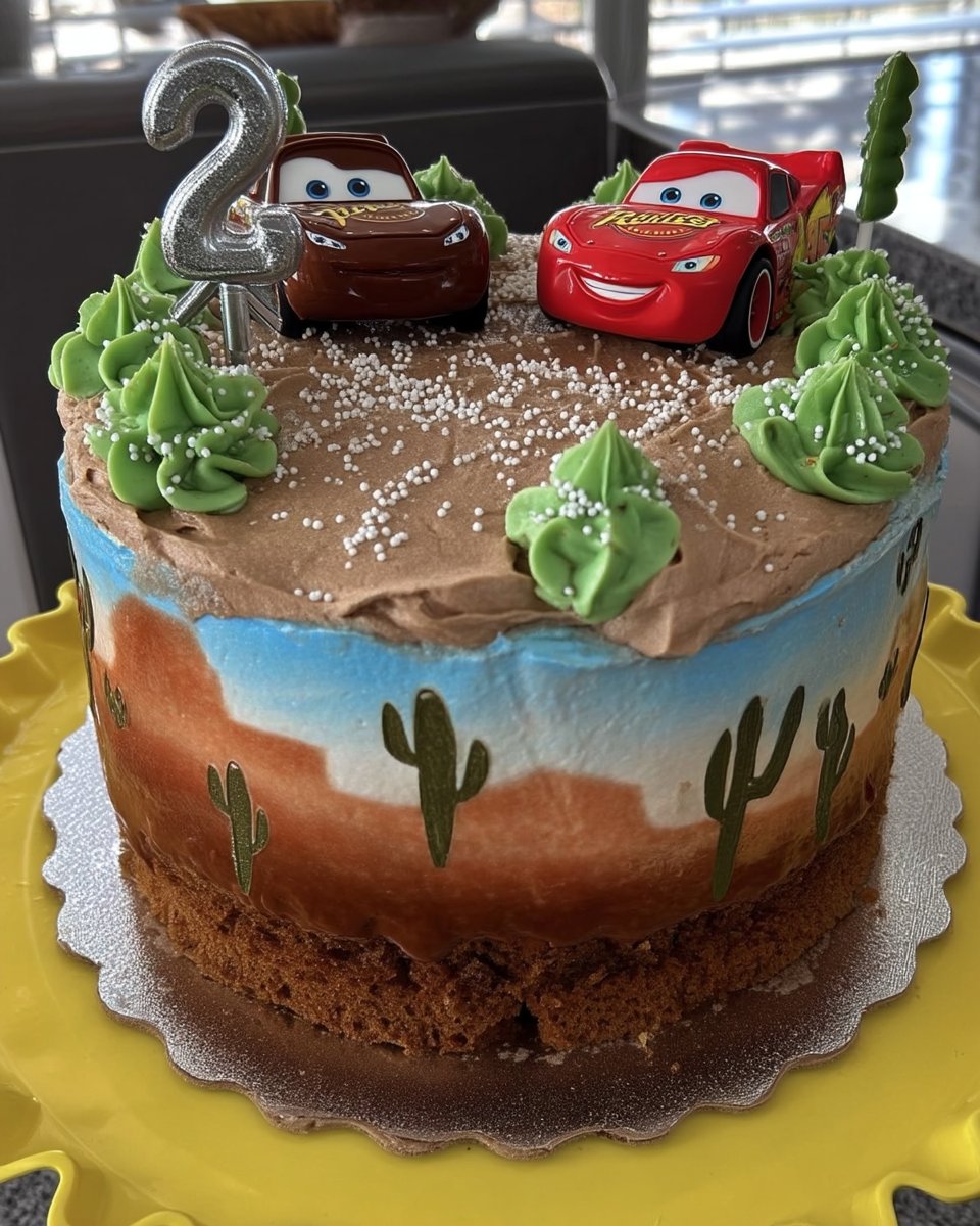 Side view of a 3D carved chocolate car cake covered in yellow fondant
