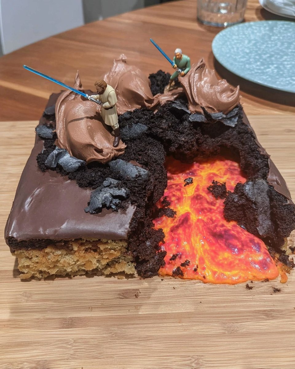 Carving the sponge cake using a paper stormtrooper stencil