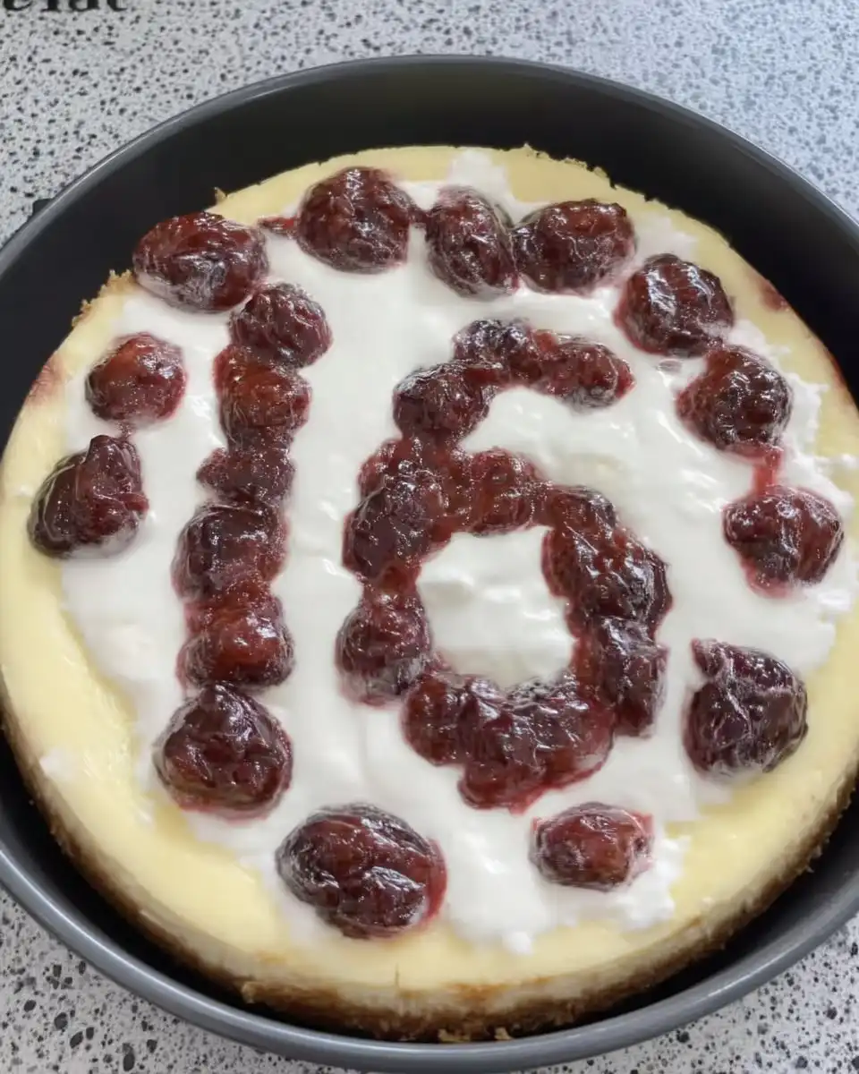 Cheesecake cooling in an oven with the door slightly ajar