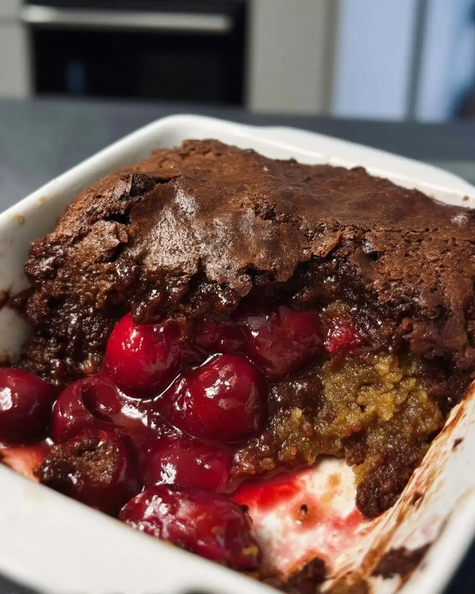 Warm chocolate cherry dump cake served with vanilla ice cream