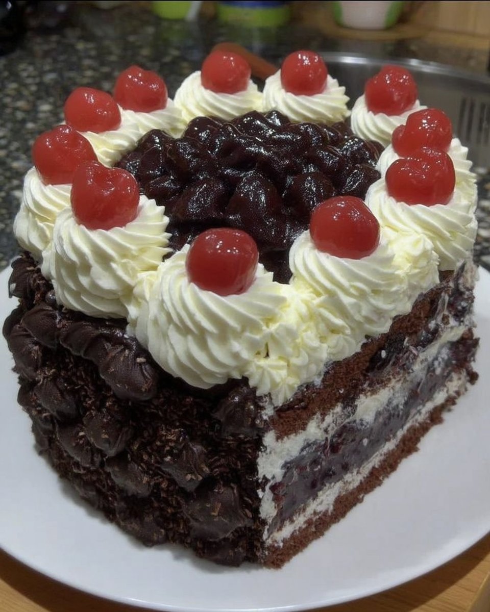 Slice of classic black forest cake showing layers of chocolate sponge and cherries