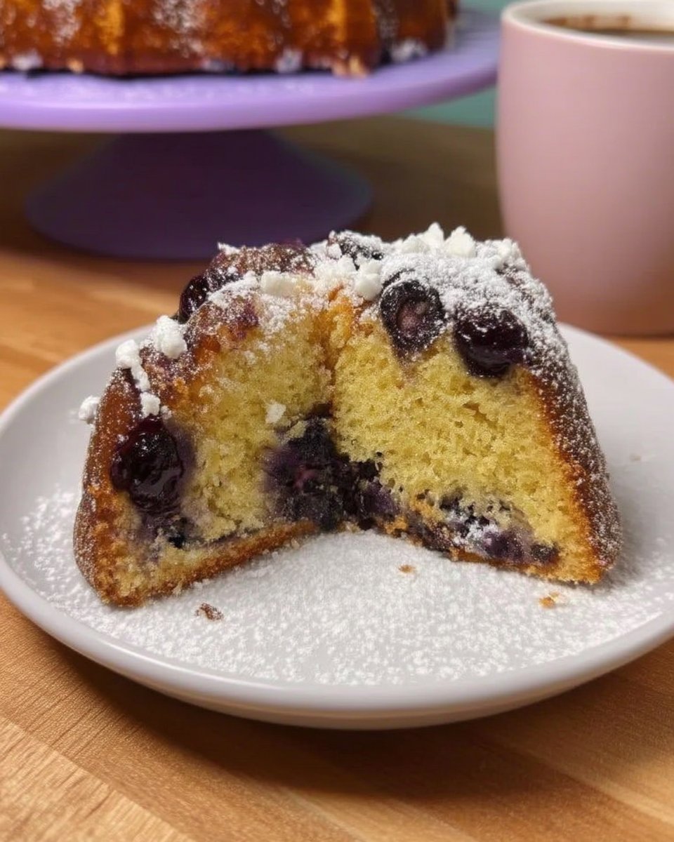 Whole blueberry coffee cake next to a cup of black coffee