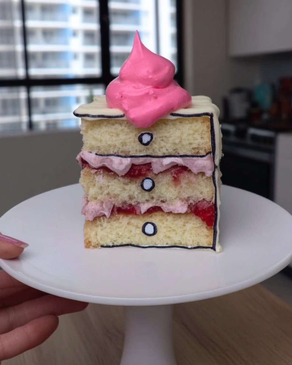 A slice of comic cake decorating in 2D cartoon style with black outlines