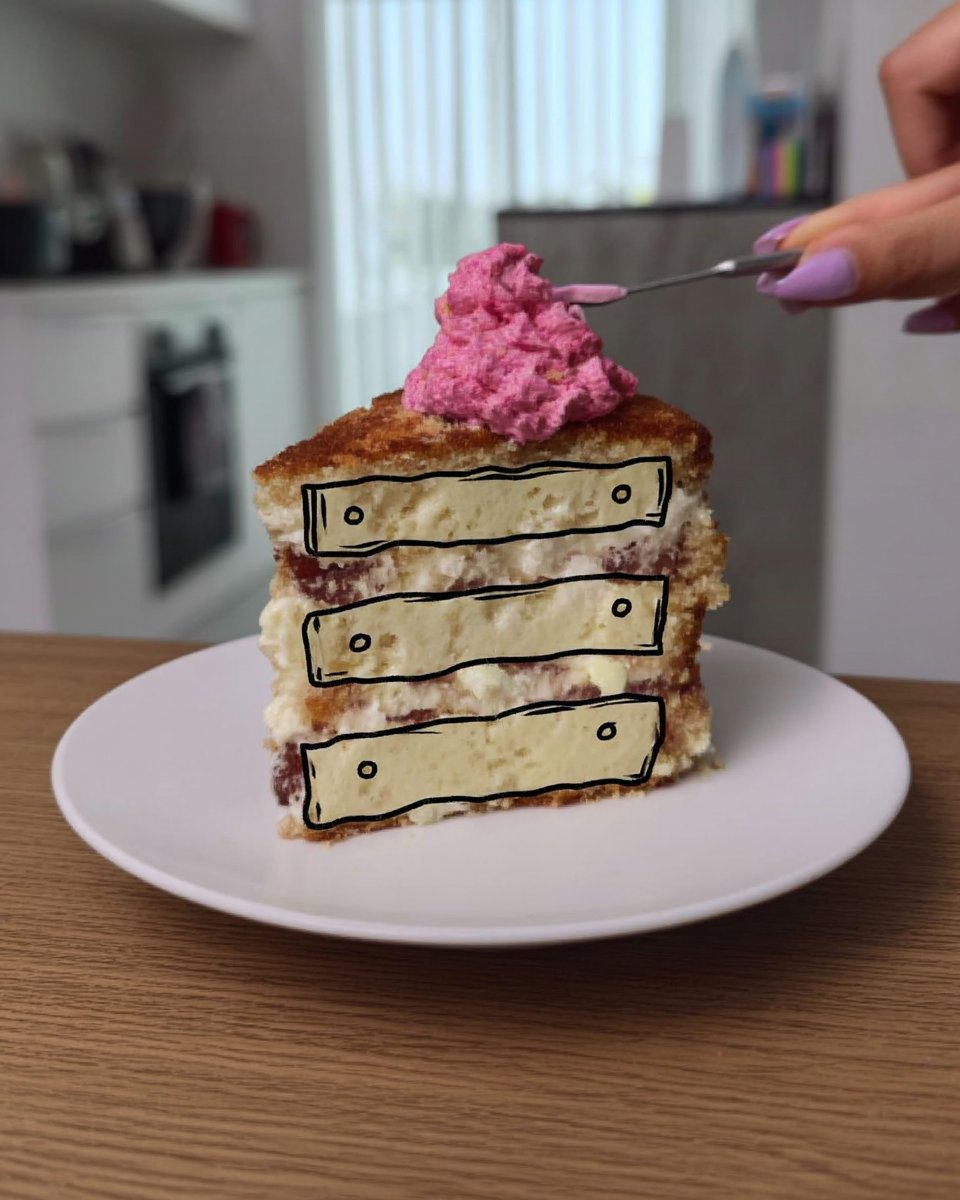 Comic Cake (2D Cake) 14 Plated 2D comic cake slice on a white plate ready to serve