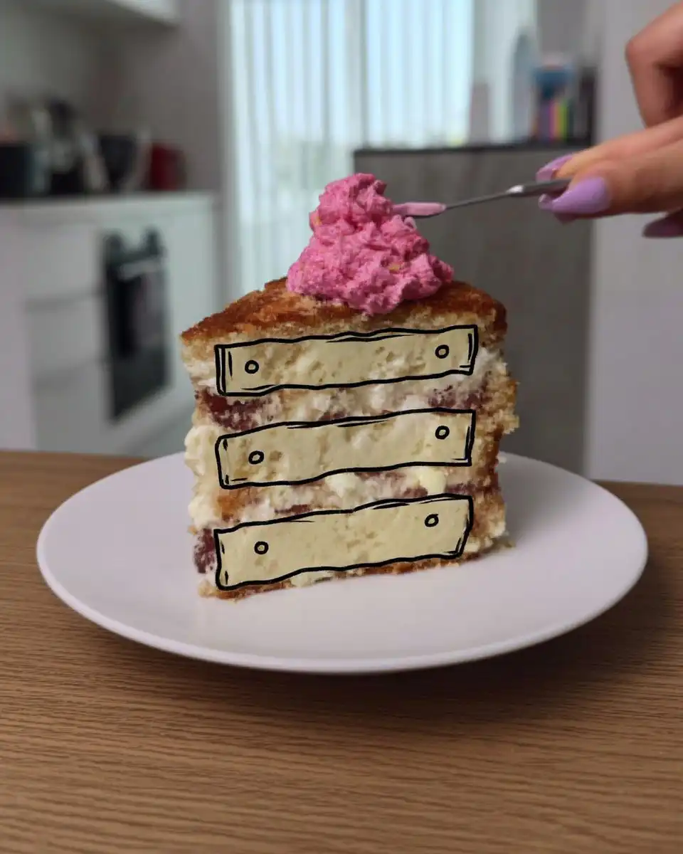 Plated 2D comic cake slice on a white plate ready to serve