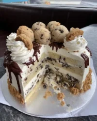Slice of cookies and cream cake on a plate showing moist chocolate layers and oreo buttercream