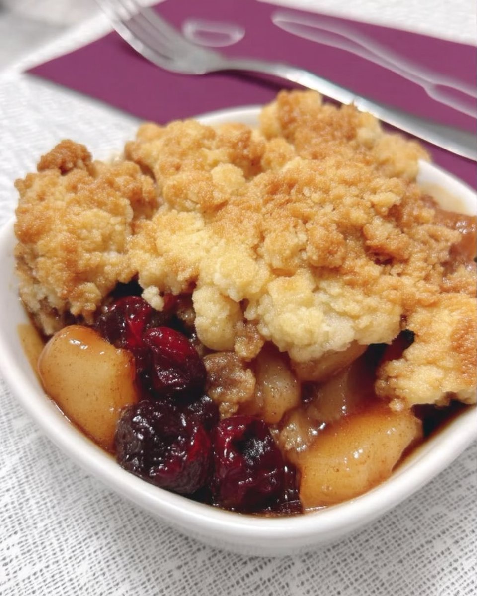 Warm slice of cranberry apple dump cake on a plate with steam rising