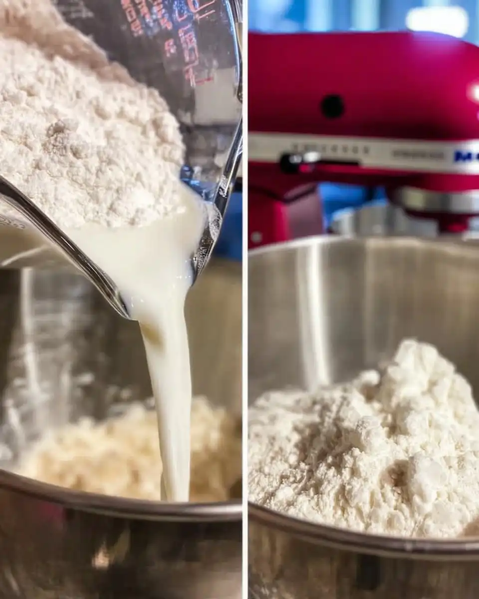 Stand mixer bowl with creamed butter and sugar looking fluffy