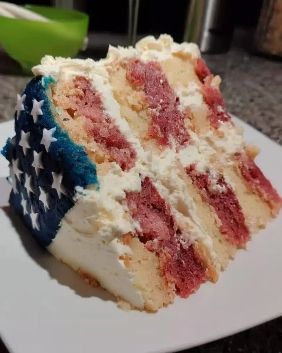 Overhead view of cake decorated with strawberry stripes and blueberry stars
