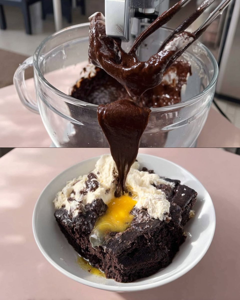 Chocolate cake batter being whisked in a bowl showing glossy texture