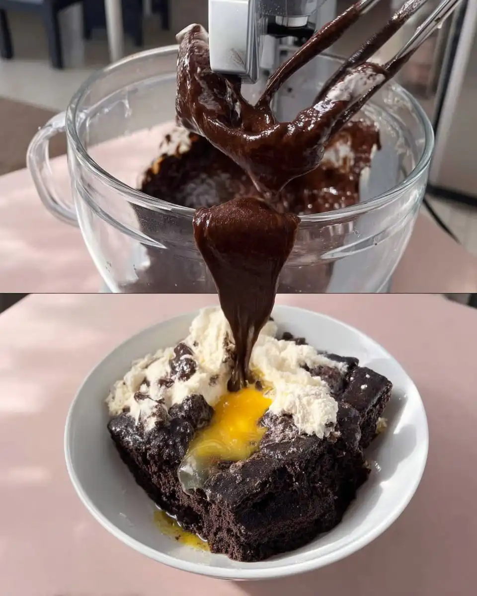 Chocolate cake batter being whisked in a bowl showing glossy texture