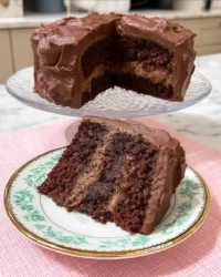 Slice of moist devil's food cake on a white plate showing three tender layers