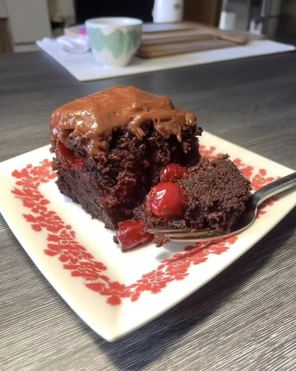 Ingredients for chocolate cherry dump cake including cake mix and cherries