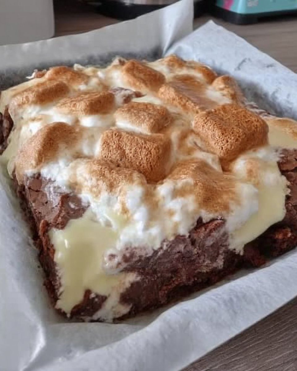 Overhead view of a baked earthquake cake showing the signature cracked chocolate and cream cheese surface