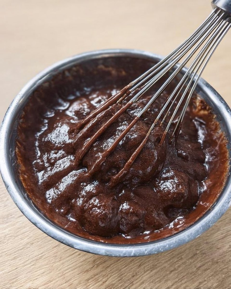 Folding whipped egg whites into chocolate cake batter