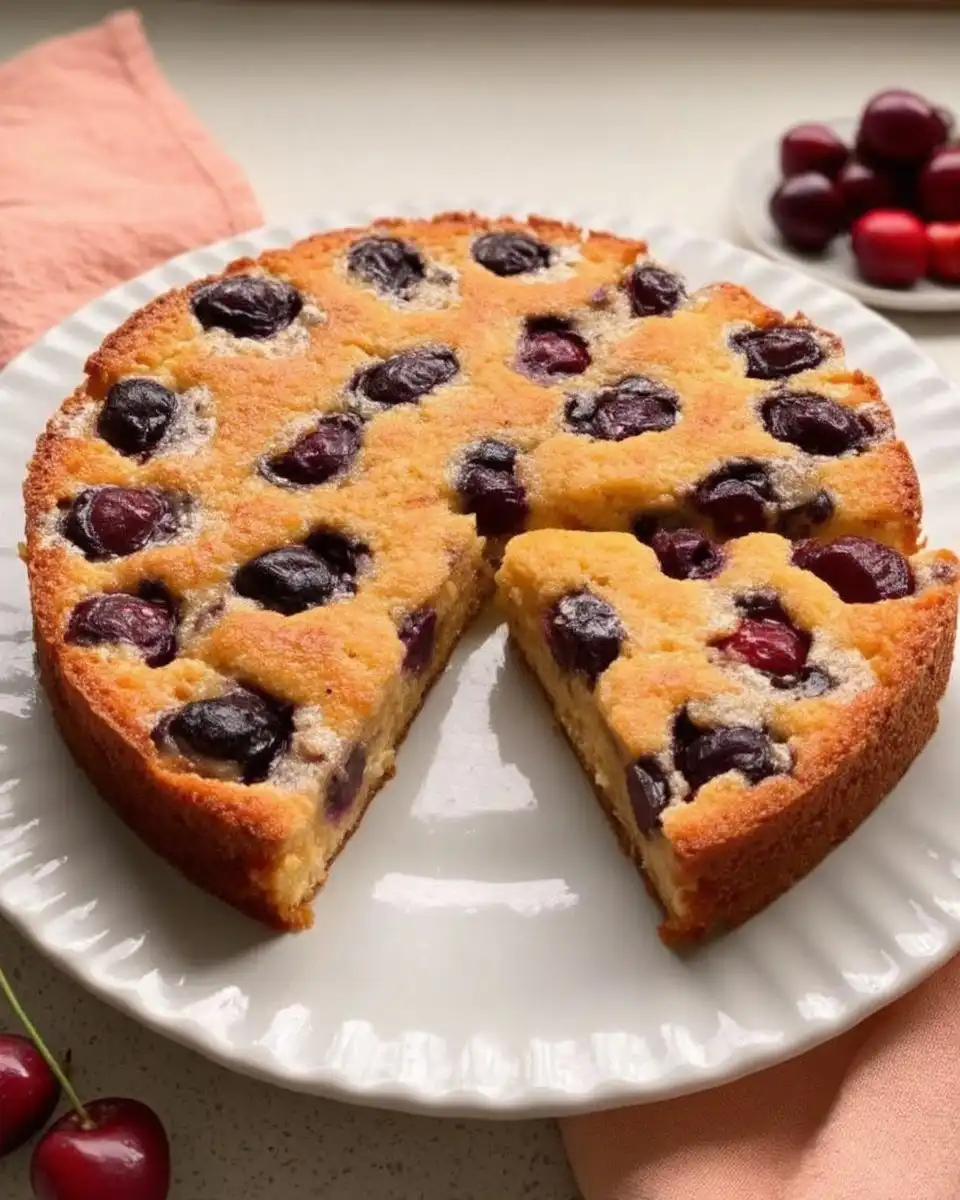 Baking ingredients for cherry cake including fresh cherries butter and flour