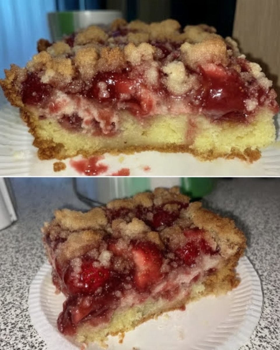 Strawberry Rhubarb Cake 12 Fresh red rhubarb stalks and strawberries on a rustic wooden table