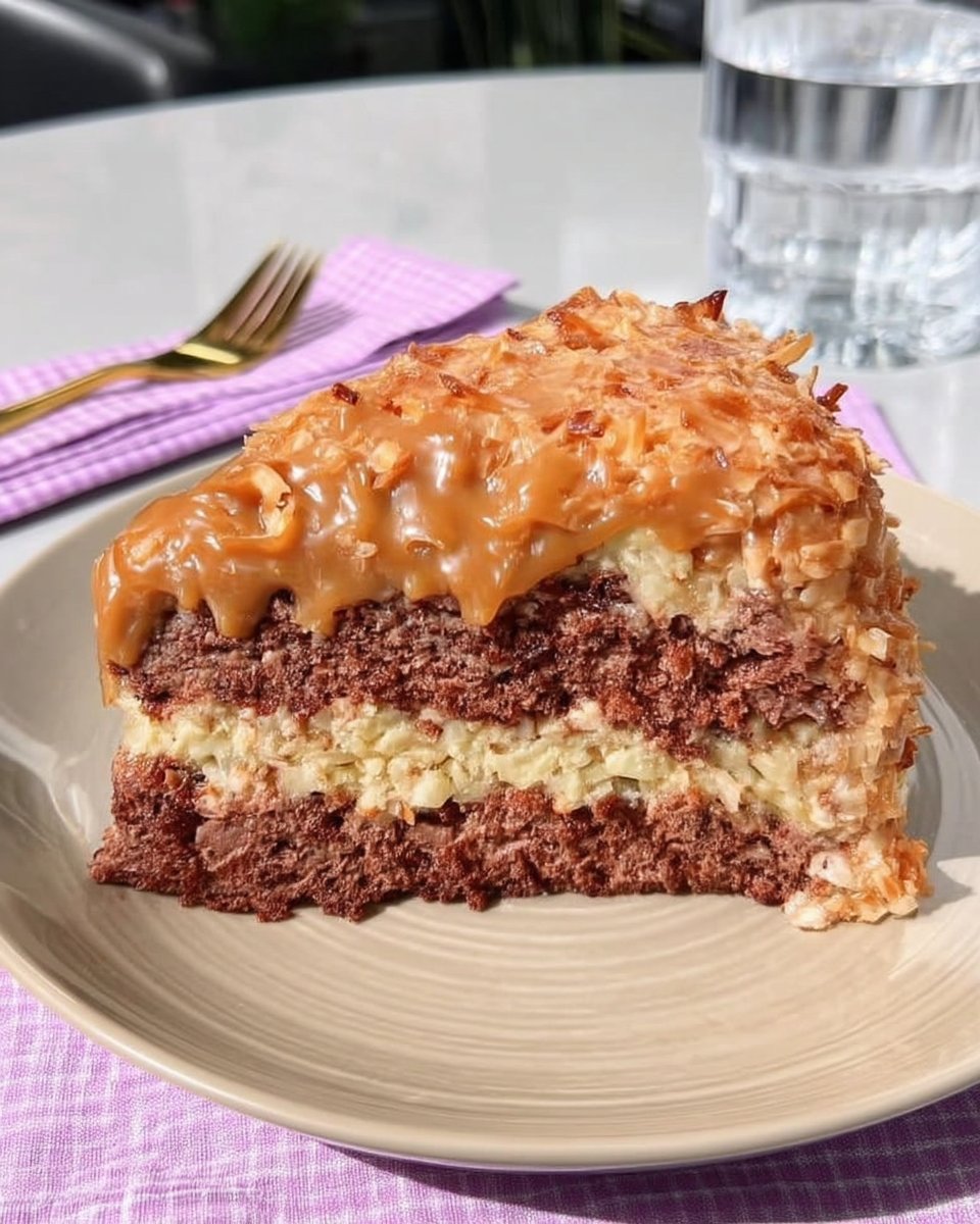 Whole German chocolate cake with coconut pecan topping