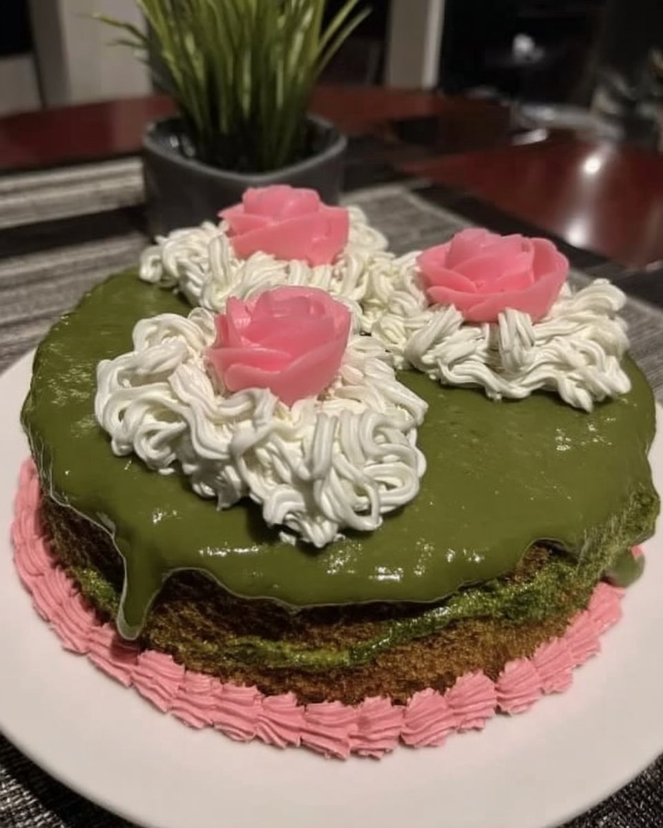 Whole frosted green cake on a glass cake stand