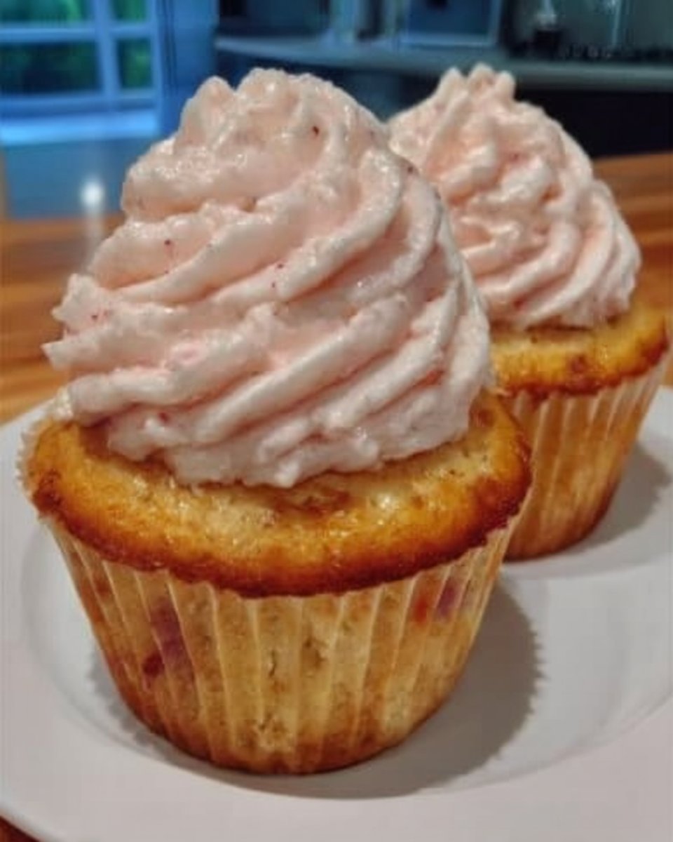 Whole frosted champagne cake with pink swirls and sprinkles on a cake stand