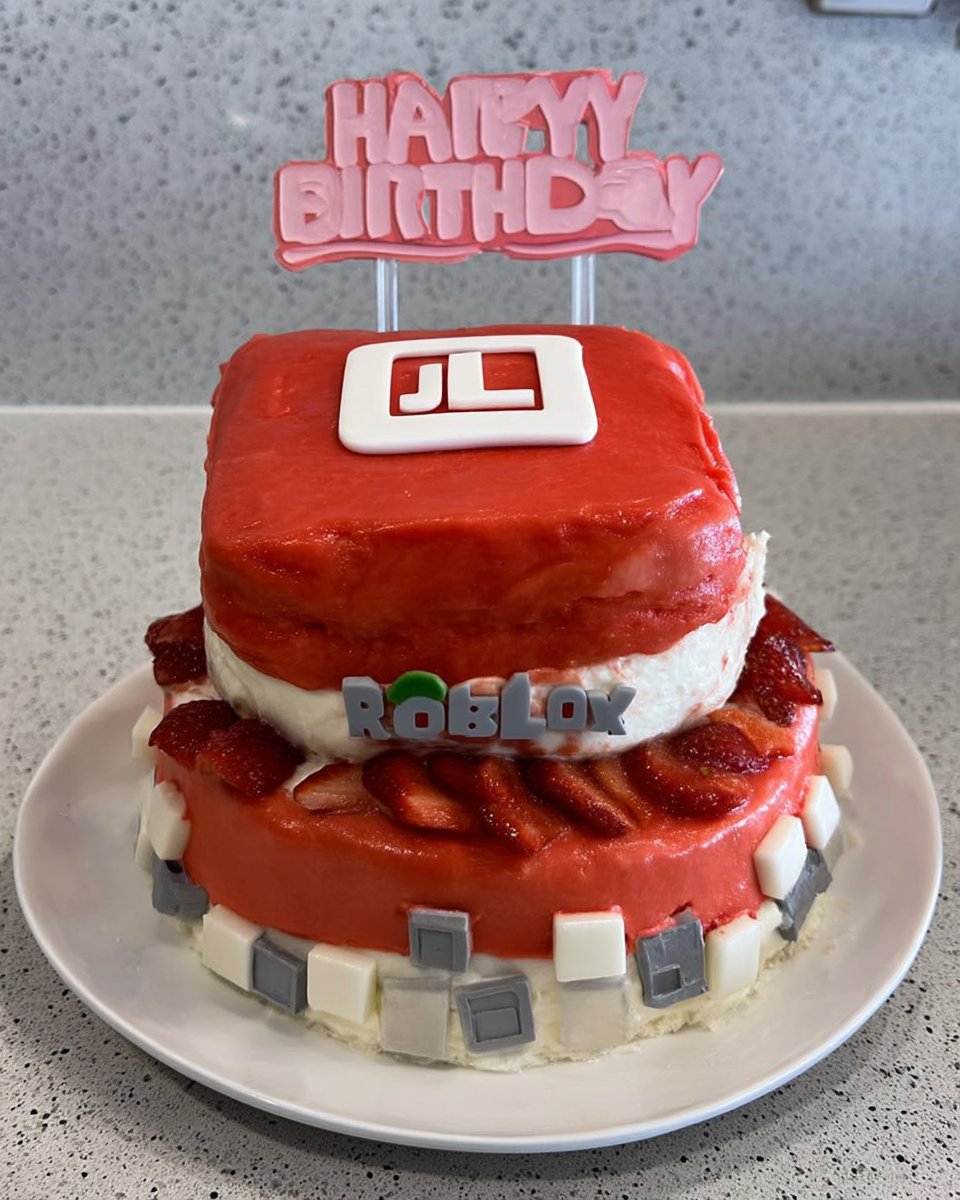 Finished Roblox cake slice with cream cheese frosting