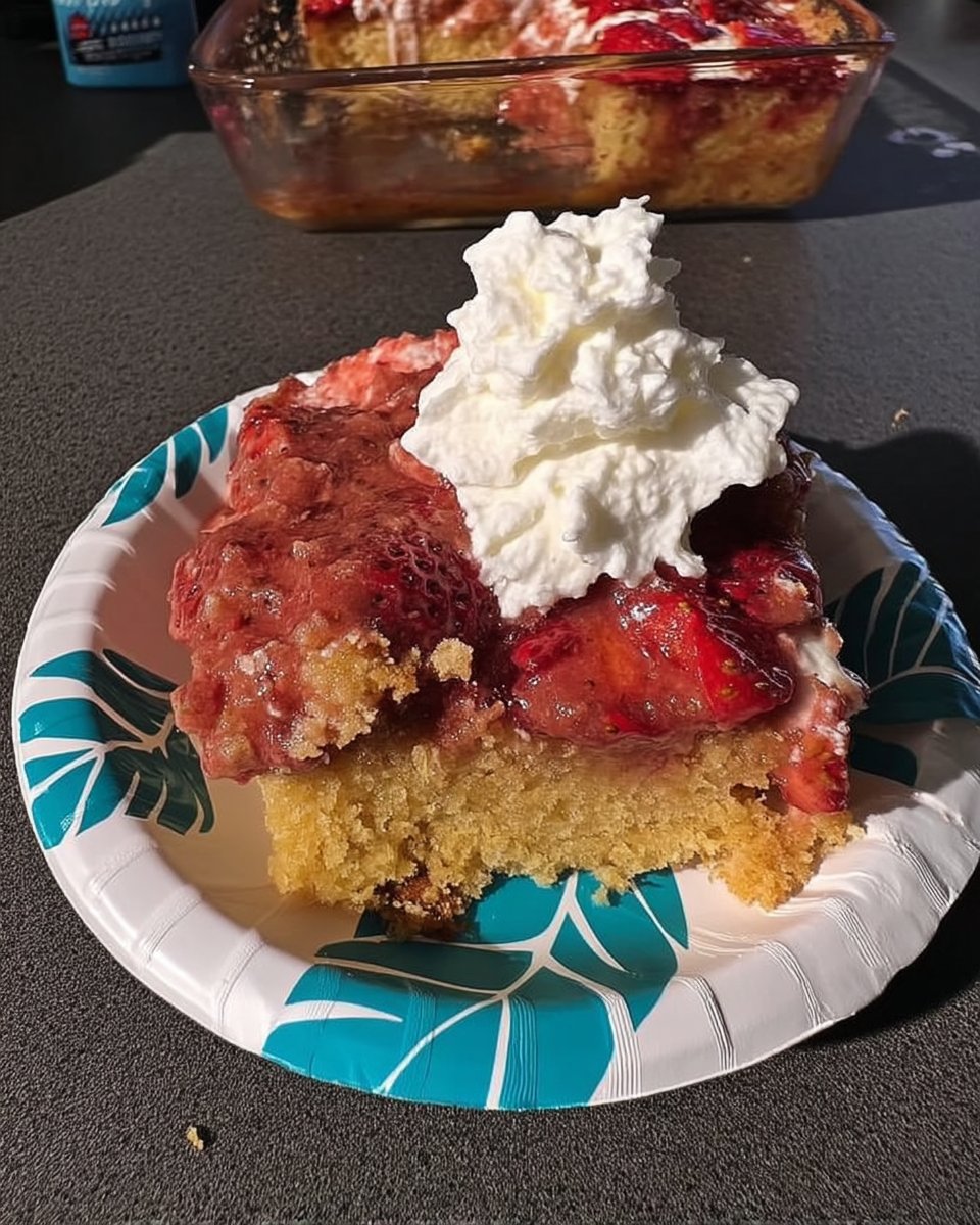 Whole strawberry sheet cake in pan topped with frosting and fresh berries