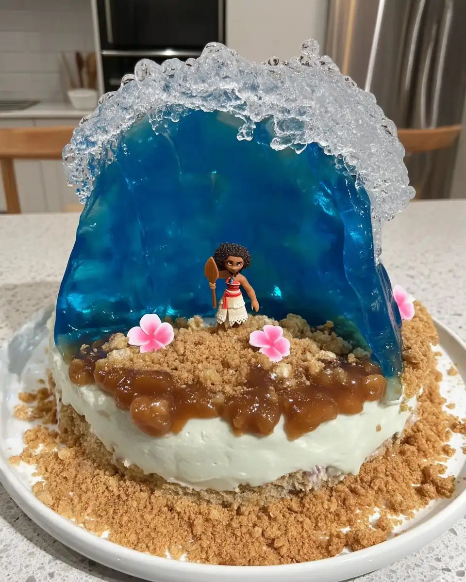 Moana Cake 13 Palette knife spreading blue buttercream icing on a cake to look like waves