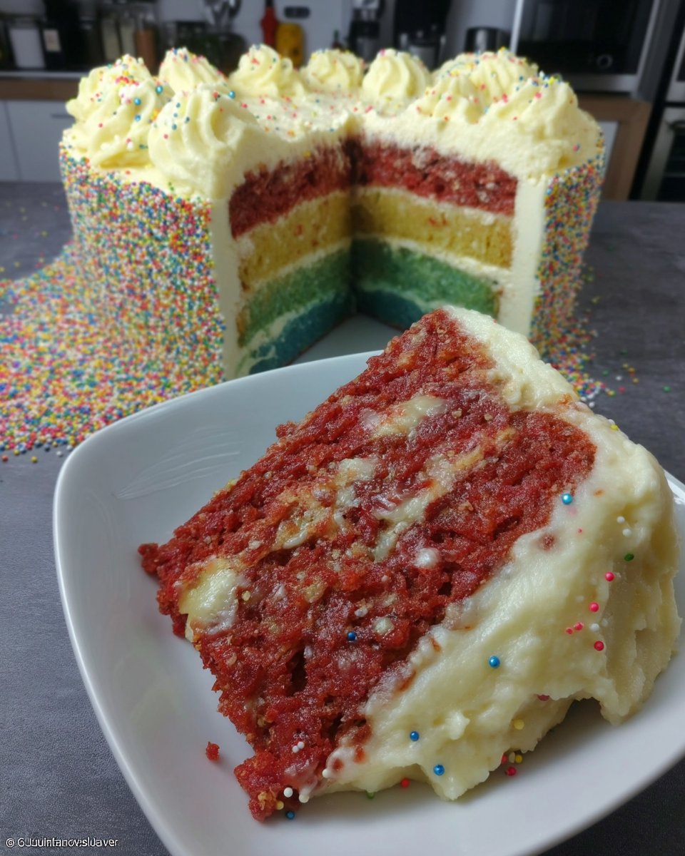 Assembling the rainbow cake layers with lemon curd filling