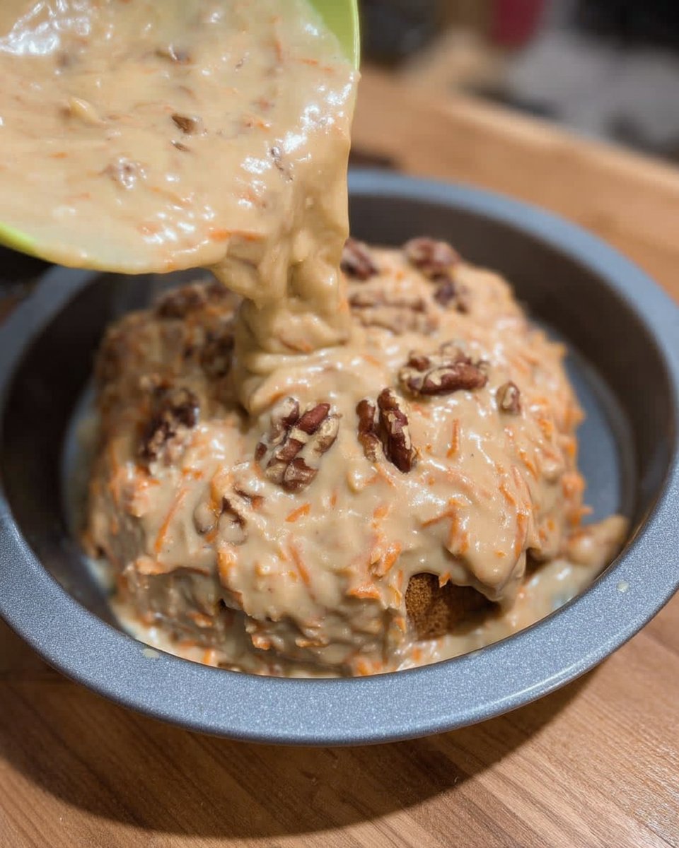 Carrot Cake 13 Whisking cream cheese frosting in a glass bowl.