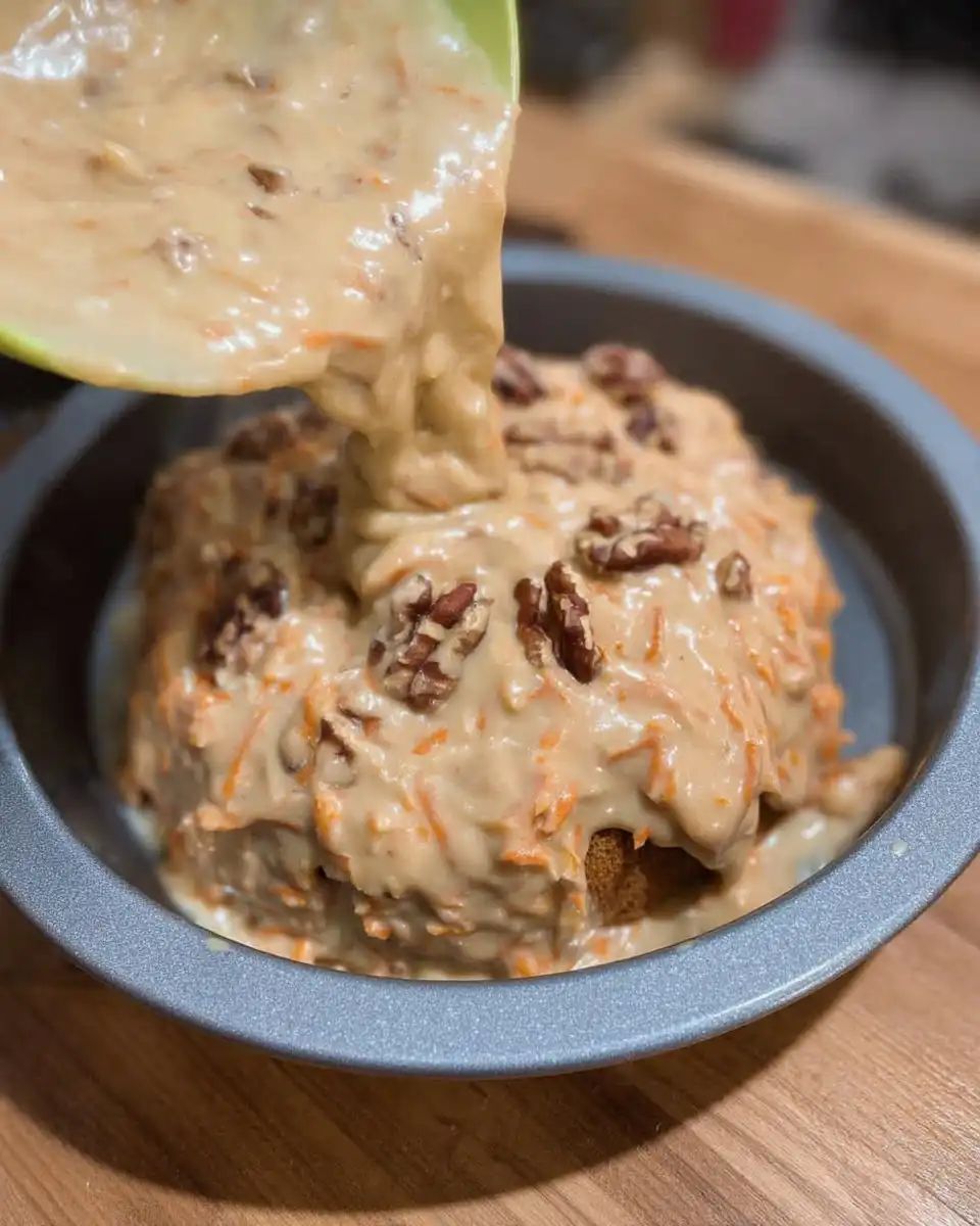 Whisking cream cheese frosting in a glass bowl.