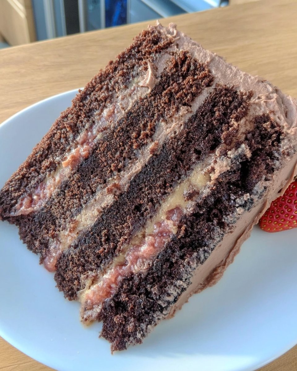 Spreading buttercream frosting on a cake layer with fresh strawberries