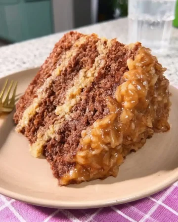 Slice of German chocolate cake showing layers of coconut pecan filling