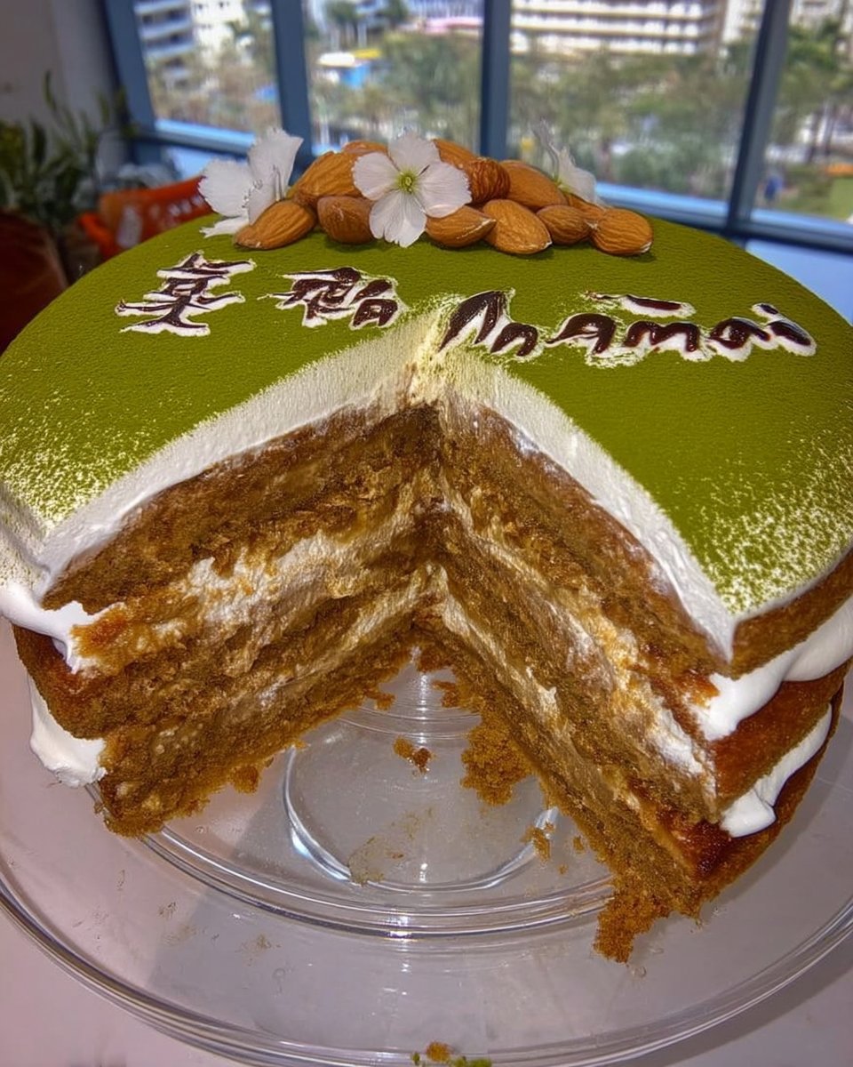 Green cake slice next to a cup of tea