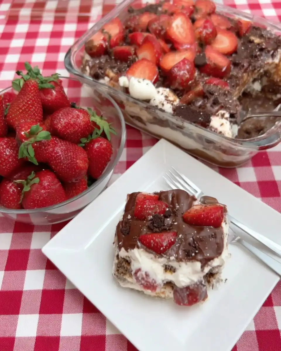Ingredients for strawberry icebox cake arranged on a wooden table