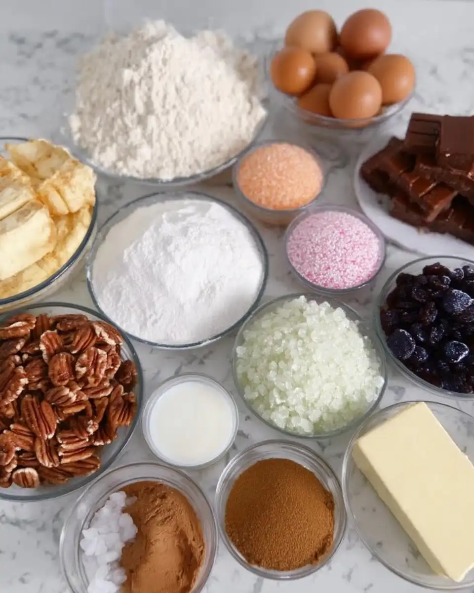 Ingredients for King Cake including flour yeast butter and pecans