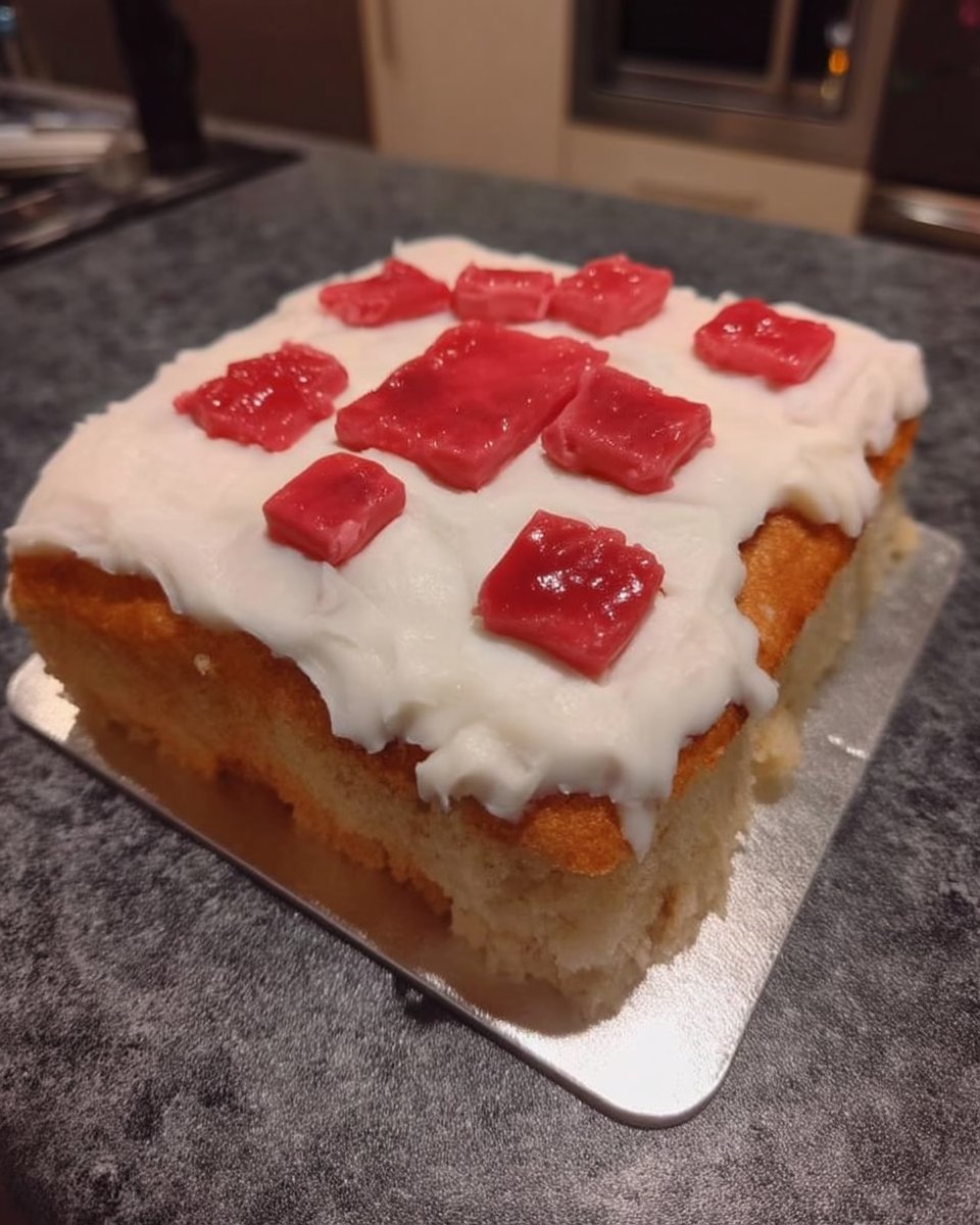 Minecraft cake block with red marzipan pixels and white top
