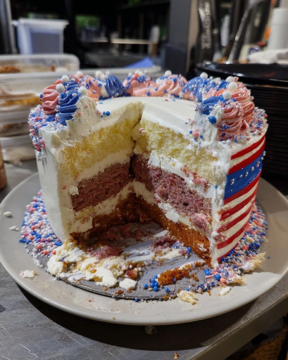 Ingredients for flag cake including butter eggs flour and fresh berries arranged on a table
