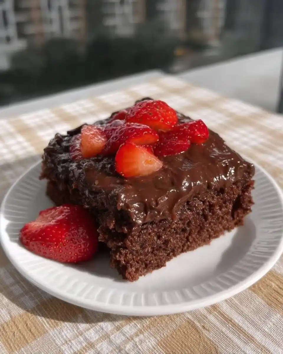 Fork mixing chocolate cake batter directly in a square baking pan