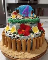 A festive Moana cake with blue buttercream waves and biscuit sand on a party table
